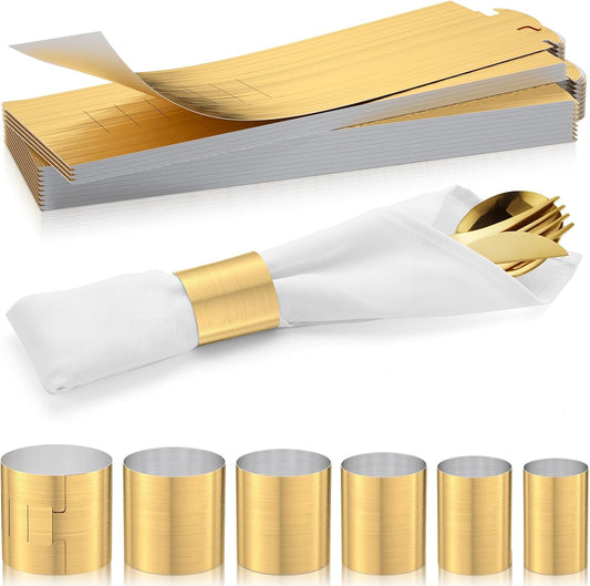 Polymer Material Reusable Napkin Band, Glue-Free Tear-Proof Water Resistant Oil-Proof Napkin Bands Set of 50(Front Brushed Gold Color and Back Silver), 6 Adjustable Sizes Napkin Rings