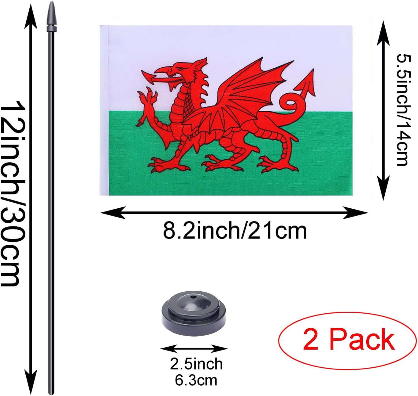 WXTWK 2 Pack Welsh Flag Welsh Deluxe Desk Flag Set - Mini Small Wales Table Office Flags with Black 12" Solid Pole Stand Base Classroom Meeting Desktop Decorations