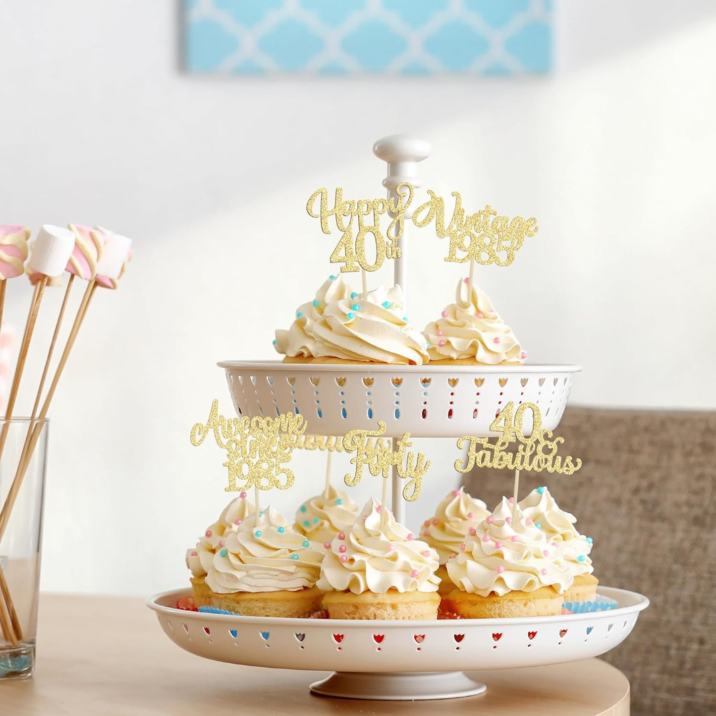 30Pcs Vintage 1985 Cupcake Toppers Glitter Forty Happy 40th Birthday 40 Fabulous Cupcake Picks Cheers to 40 Years for 40th Birthday Wedding Anniversary Party Cake Decorations Supplies Gold