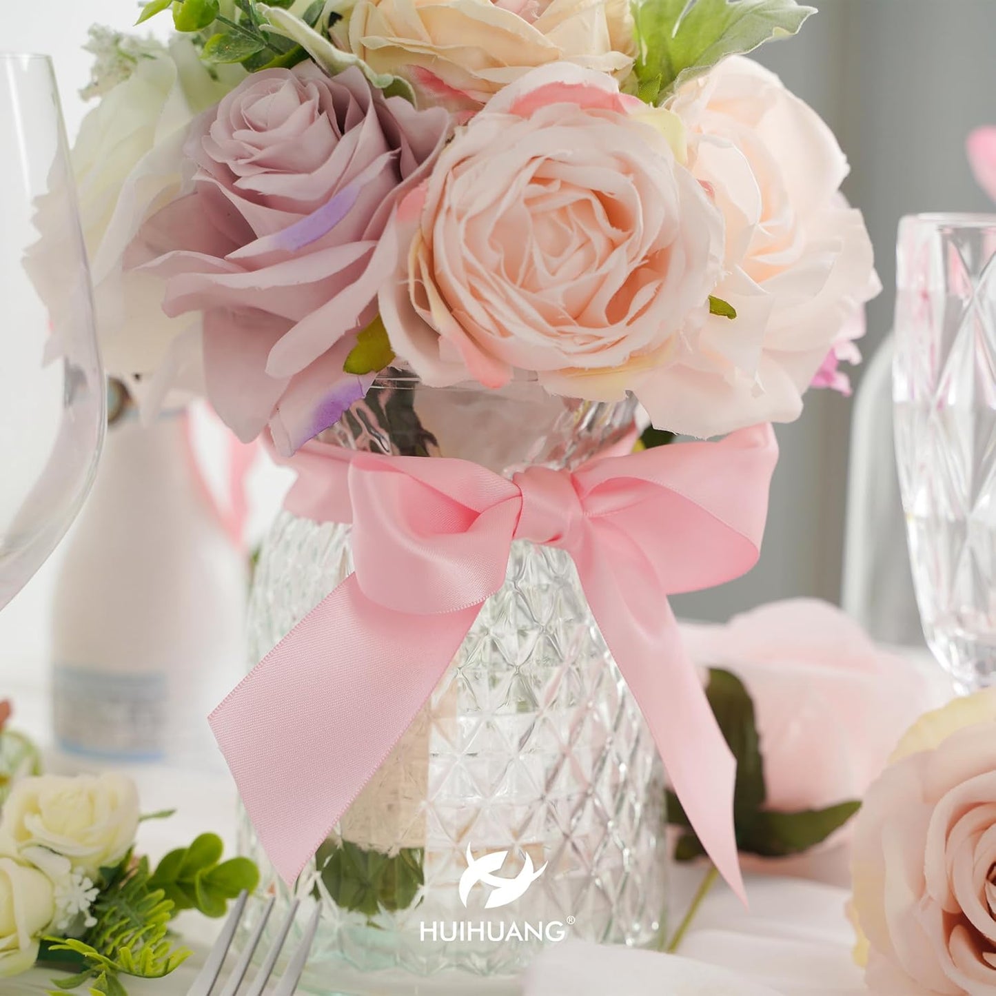 HUIHUANG Pink Satin Ribbon 1-1/2 inch x 50 Yards Double-Faced Silk Like Ribbon for Flower Bouquet, Eternal Flowers, DIY Crafts, Party Favors, Bridal Shower Wedding Decor, Gift Wrapping, Bows