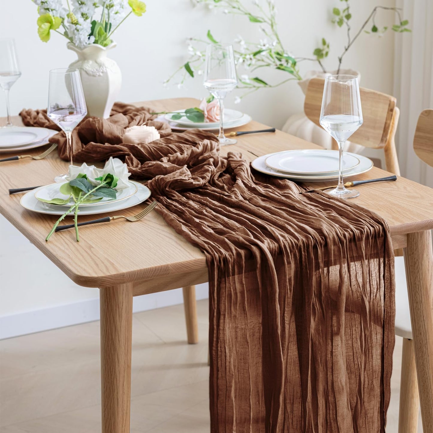 Asee'm 12pcs Cheesecloth Table Runner 120 Inches Long Brown Boho Gauze Cheese Cloth Runner 10FT Rustic Sheer Fall Table Runners for Thanksgiving Christmas Wedding Party Baby Shower Decoration