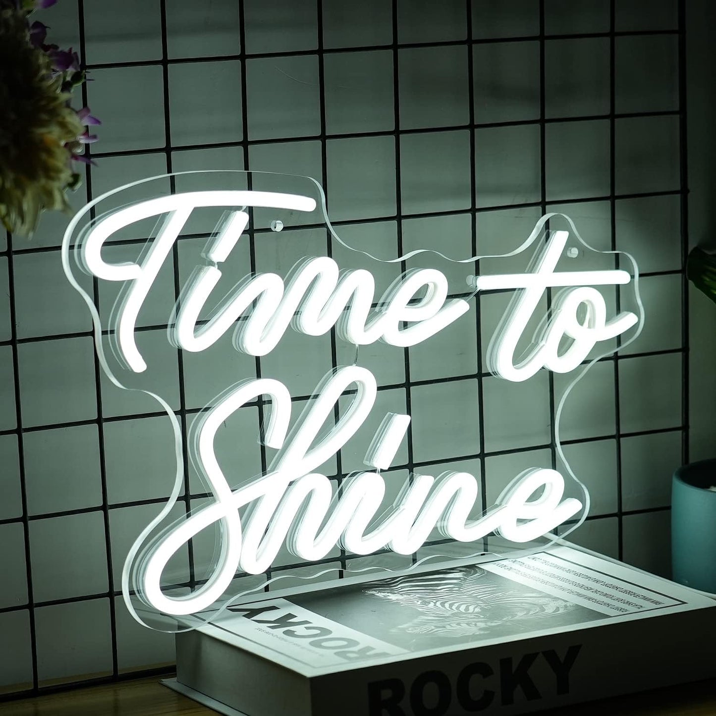 Time To Shine Neon Sign White Led Sign Time To Shine Neon Lights Decor for Lover Dimmable Letter Neon Wall Signs USB Powered with Switch Neon Signs for Wall Decor Party Wedding（16.5’’X10.2’’）