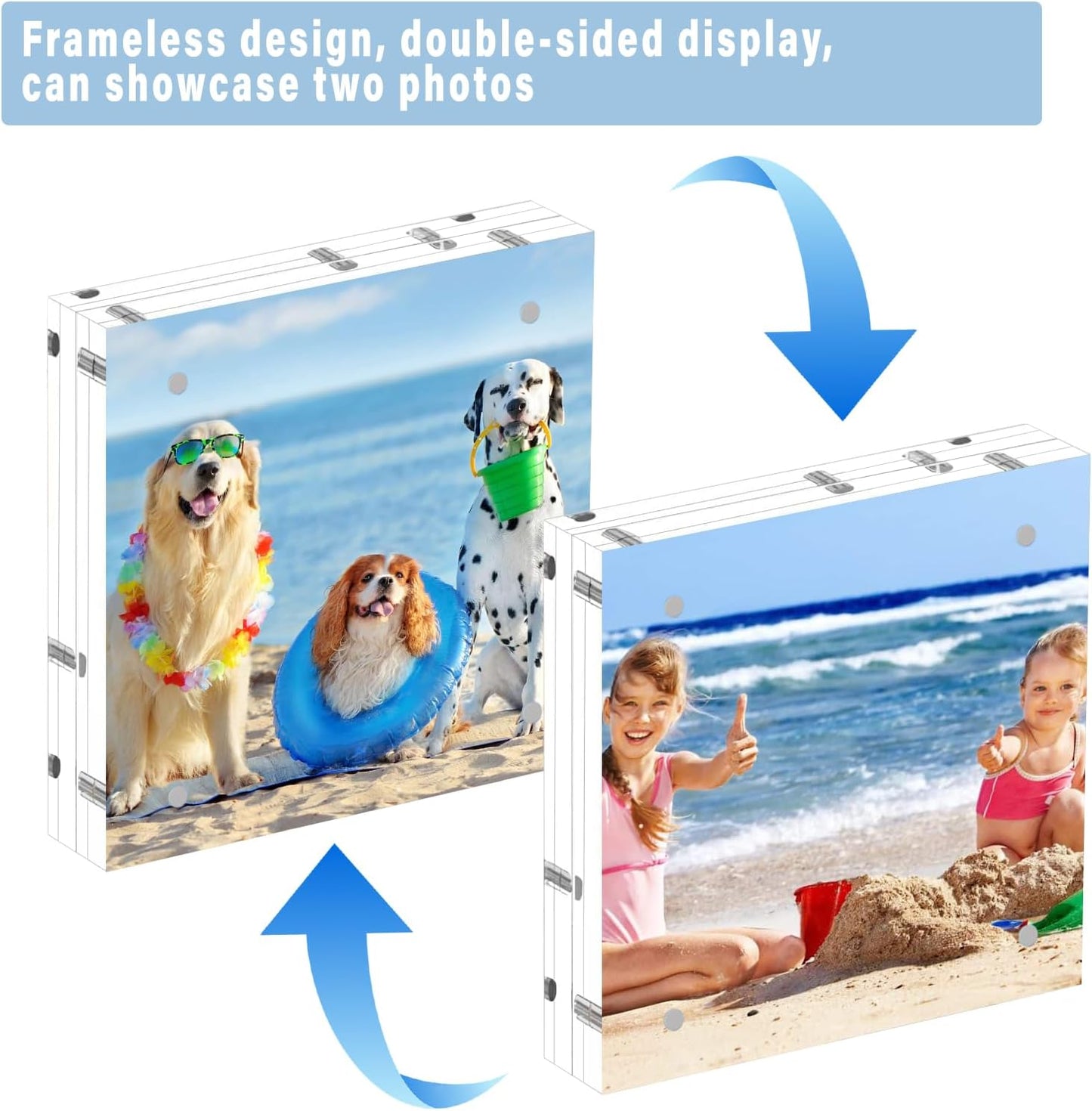HELPLEX 3 Pack 5x5 Acrylic Picture Frames, 20mm Thicker Frameless Clear Double Sided Magnetic Frames, Free Standing Desktop Display Stands, 5x5