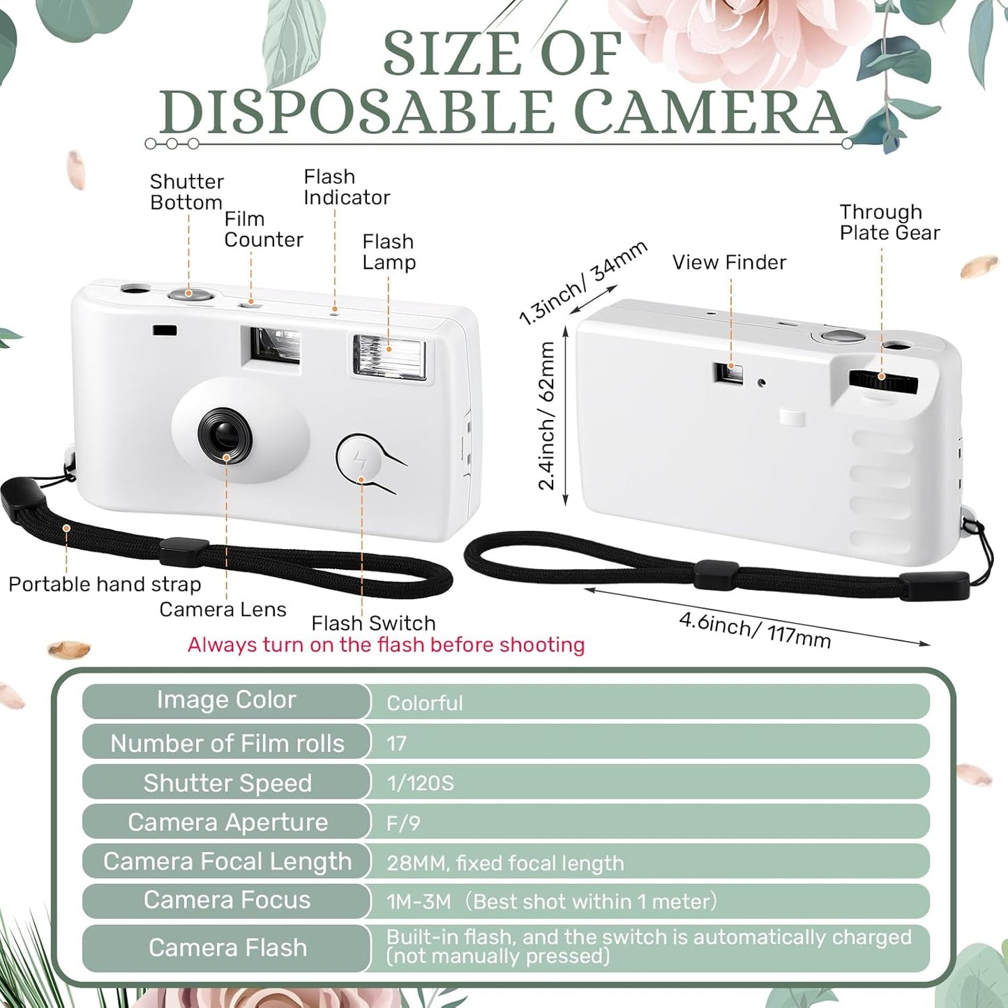 Treela 2 Pcs White Disposable Camera for Wedding Flash Film Camera 35mm 200ISO 17 Film Single Use Camera for Bridesmaid Birthday Anniversary Party Gift