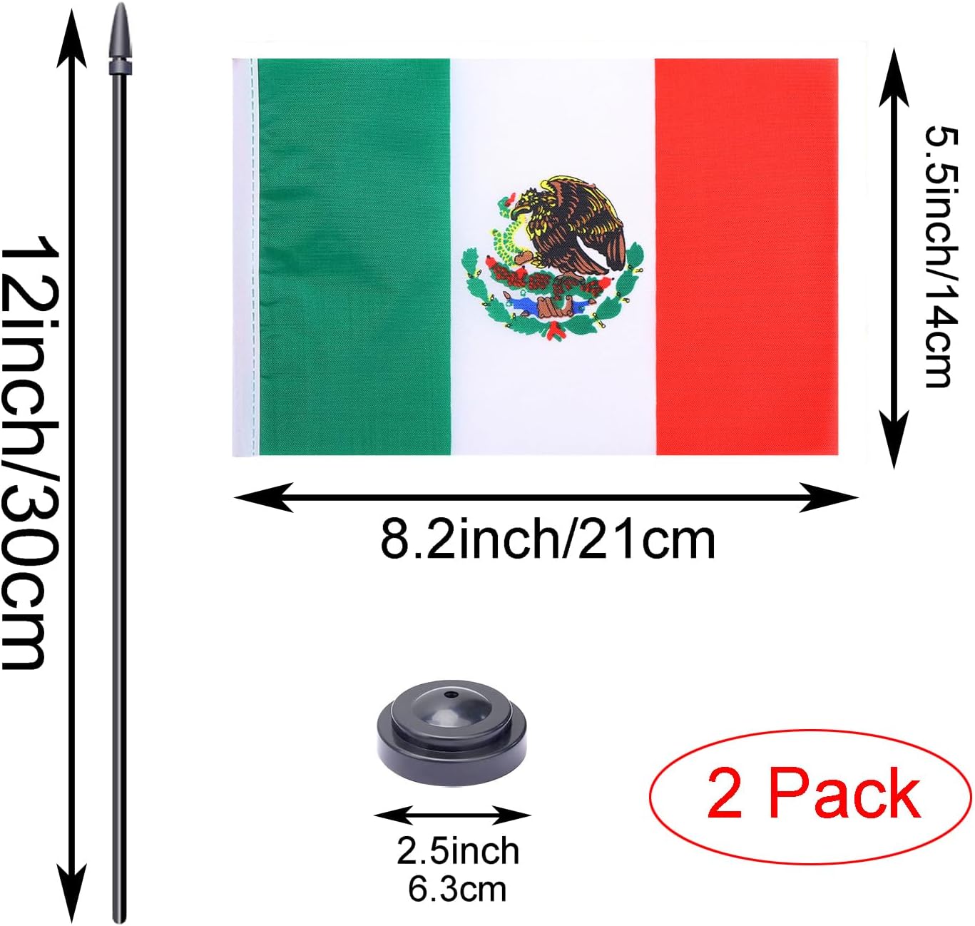 WXTWK 2 Pack Mexico Flag Mexico Deluxe Desk Flag Set - Mini Small Mexican Table Office Flags with Black 12" Solid Pole Stand Base Classroom Meeting Desktop Decorations
