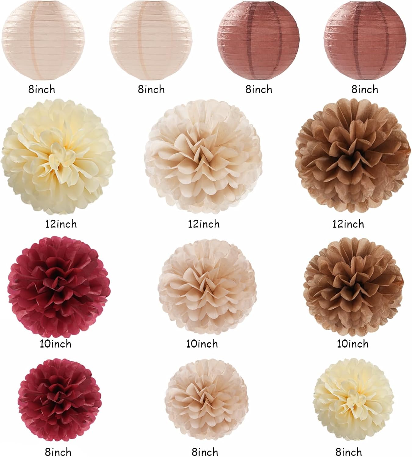 Burgundy Brown Beige Boho Party-Decorations - 20pcs Dusty Pink Fall Birthday Paper Lanterns Fans,Tissue Pom Poms,Honeycomb Balls,Autumn Wedding Bridal Shower Rustic Neutral Baby Decor Burgleda