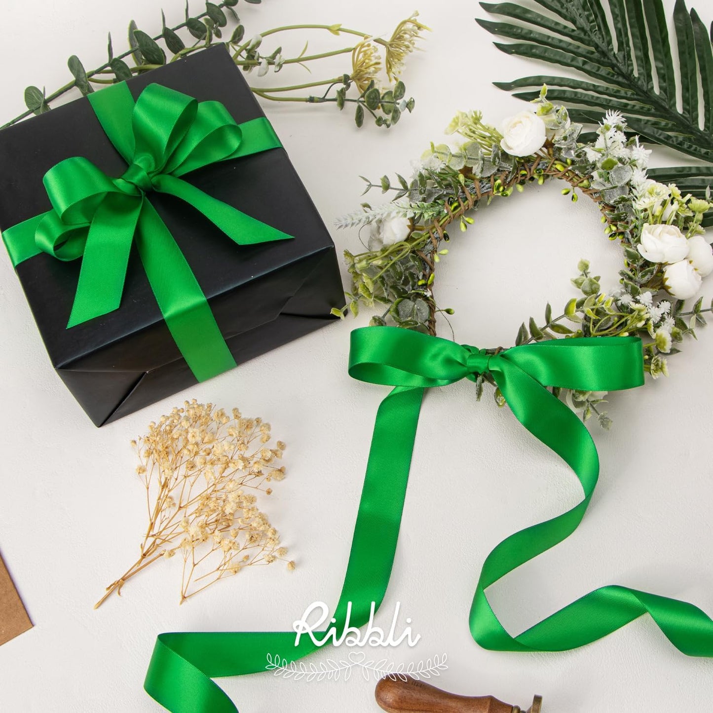 Ribbli Emerald Green Double Faced Satin Ribbon,1” x Continuous 25 Yards,Use for Bows Bouquet,Gift Wrapping,Wedding Decoration