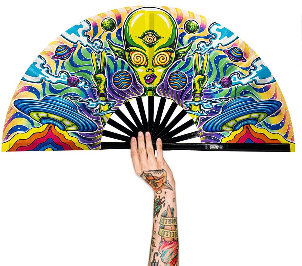 13" Large Rave Fan Bamboo, Folding Clack Hand Fans Foldable for Men Women, Boots on the Ground Poping Fan for EDM Festival Line Dance Decoration, (Alien, Large 13")