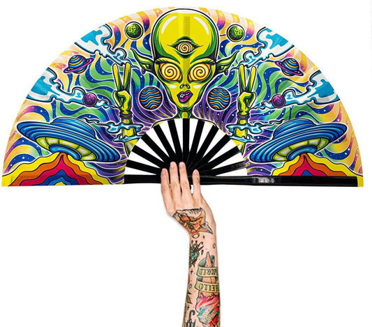 13" Large Rave Fan Bamboo, Folding Clack Hand Fans Foldable for Men Women, Boots on the Ground Poping Fan for EDM Festival Line Dance Decoration, (Alien, Large 13")