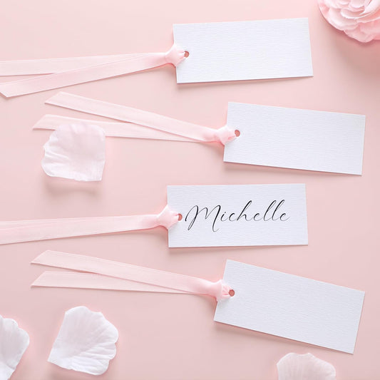 50 Pcs Name Place Cards for Table Setting Blank Wedding Place Cards with Satin Ribbon 1.57 x 3.54 Inch Hanging Gift Tags for Wedding Dinner Banquet Party Table Setting Supplies(Pink)