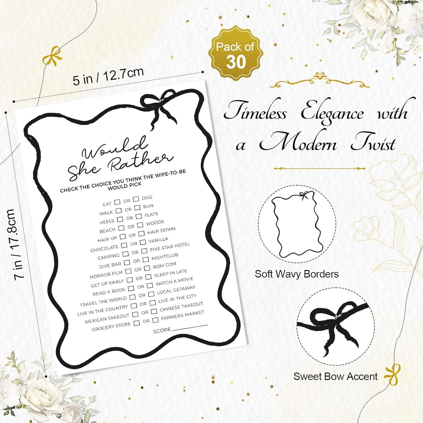 DEEKA 30 PCS Bridal Shower Games Card for 30 Guests Black Wavy Border Ribbon Bow Funny Wedding Bachelorette Party Games for Reception (Would She Rather)