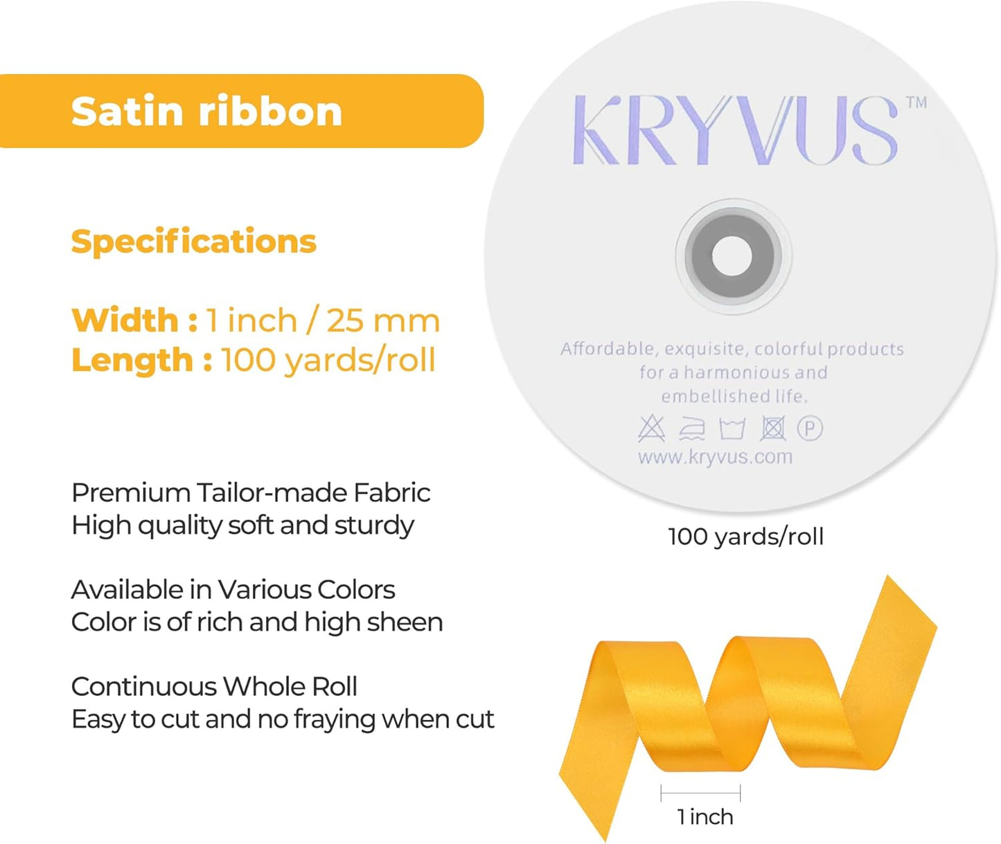 Yellow Satin Ribbon 1 inch X Continuous 100 Yards, Single Face Polyester Ribbon Perfect for Gift Wrapping, Flower Bouquet, Wedding Decor, Crafts, Bow Making, Sewing and More