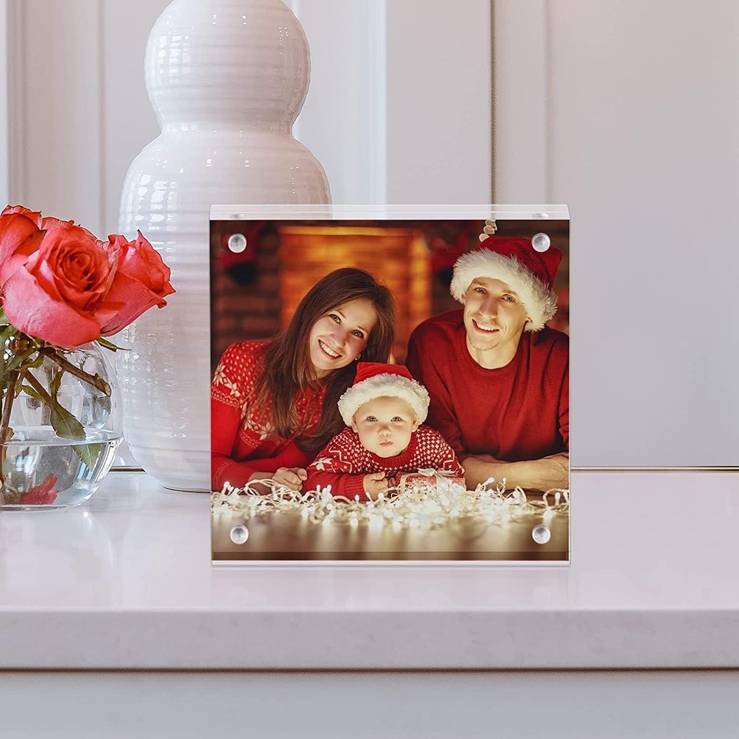 Boxalls 4x4 Inches Acrylic Picture Frames - 5 Pack, Clear Frameless 4x4 Photo Frames with Magnetic, Double Sided Transparent Desktop Frame (5 Pack)