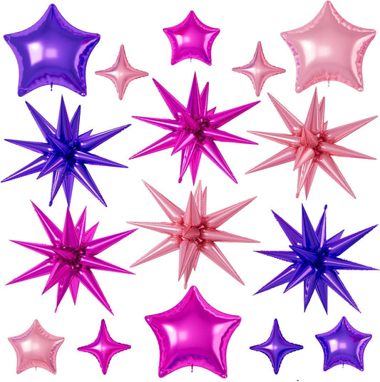 16 Pcs Hot Pink Purple Star Balloons, 22/18/10 Inch Foil Balloons, Four-Pointed Balloon for Girl Princess Birthday Wedding Baby Shower Party Decorations