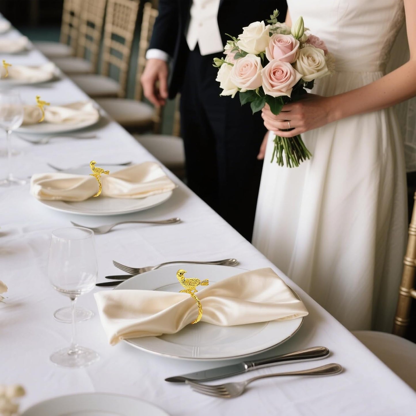 Napkin Rings Set of 8 Gold Bird Napkin Rings for Napkins,Shiny Metal Napkin Holders for Cloth Napkins,Unique Rustic Napkin Ring Holders,Summer Napkin Ring for Farmhouse Dining Table Decor