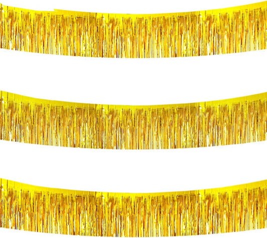 BEISHIDA 3 Packs 30 Feet Metallic Foil Fringe Garland Tinsel Streamers，Shiny Gold Wall Hanging Tinsel Fringe Banners for Wedding Birthday Party Decoration Halloween Christmas New Year