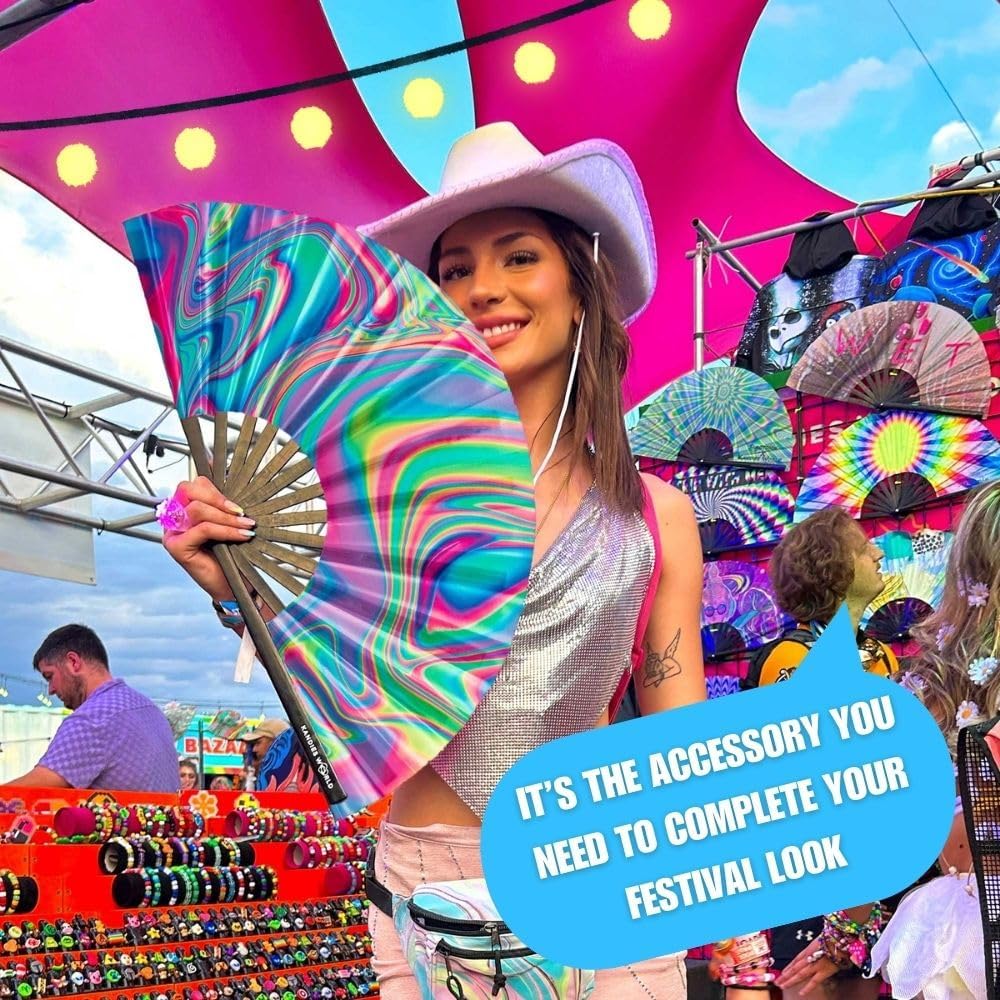 Kandies World UV Reactive Custom Festival Folding Hand Fan - Unique Designs, Made of Bamboo, Clacking Sound, Lightweight - Perfect Rave and Festival Accessory!