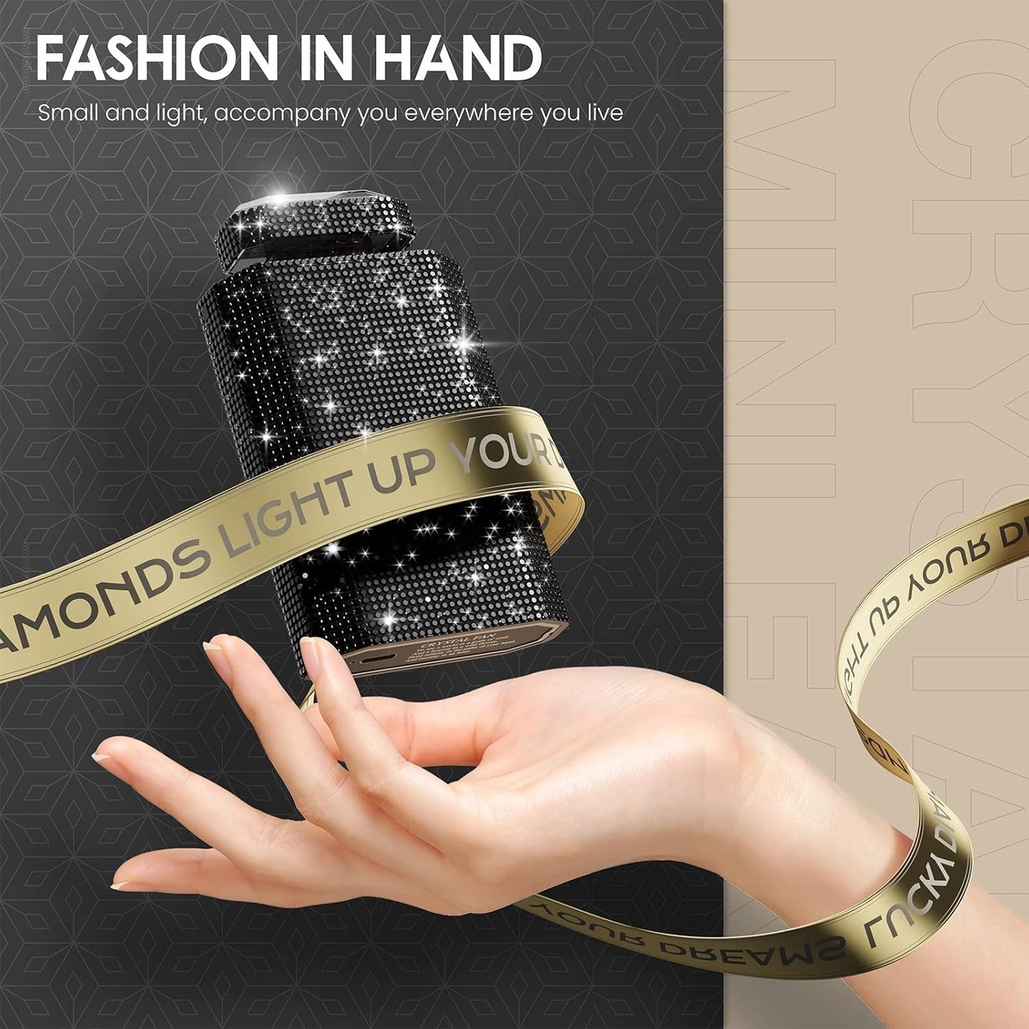 Lady Rechargeable Personal Fan with 3 Speeds, Quiet Portable Mini Cooling Desk Fan - Safe for Girls & Women - Black Rhinestones