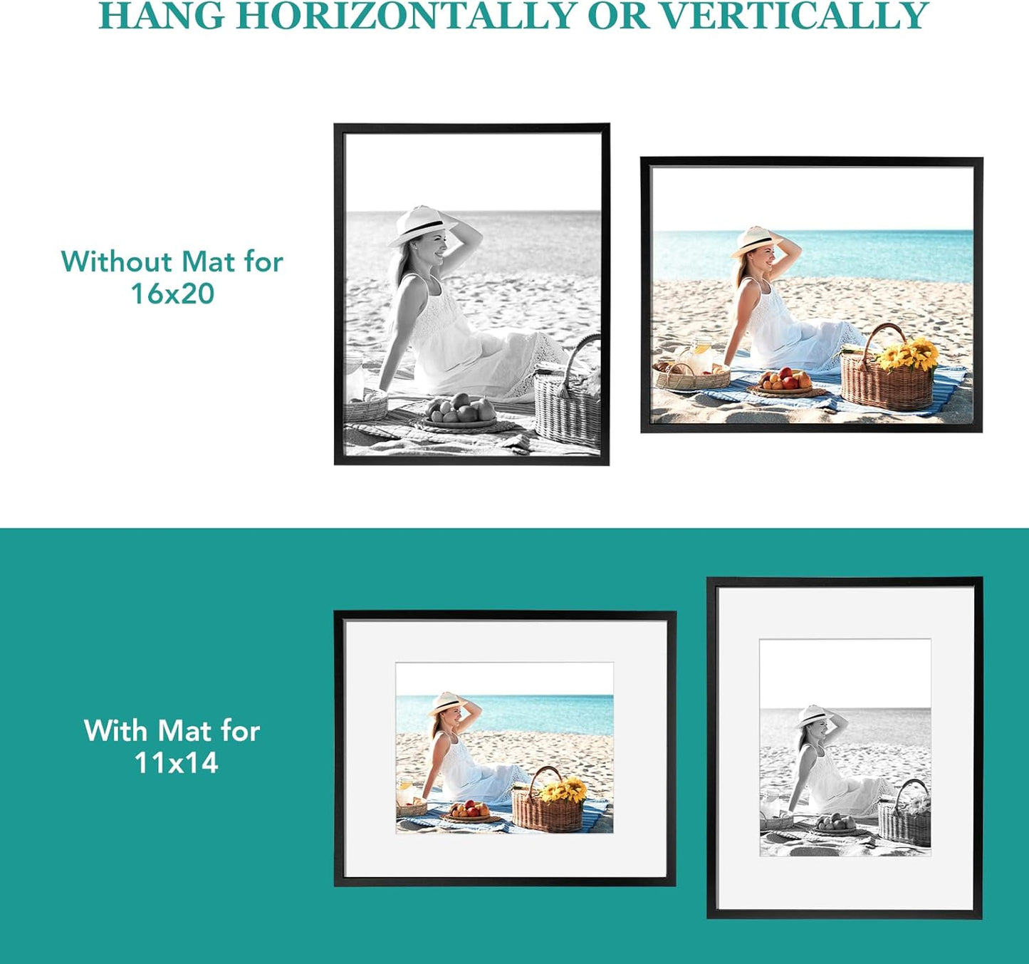 TWING 16 x 20 Picture Frame Set of 6, Classic Picture Frames Display Pictures 11x14 with Mat or 16x20 Without Mat, Wall Mounting Home Decor Collage Photo Frames Poster Frame Black Composite Wood