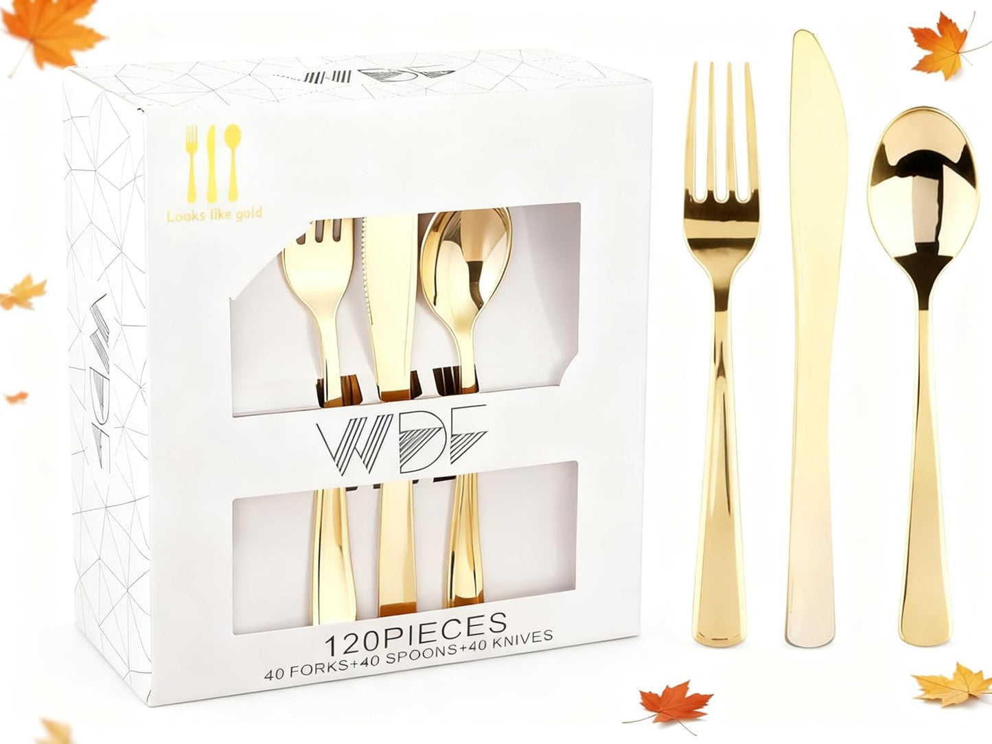 WDF 120 Pieces Gold Plastic Silverware - Disposable Flatware Set - Heavy Duty Thanksgiving Plastic Cutlery - Silverware Includes 40 Forks, 40 Spoons, 40 Knives