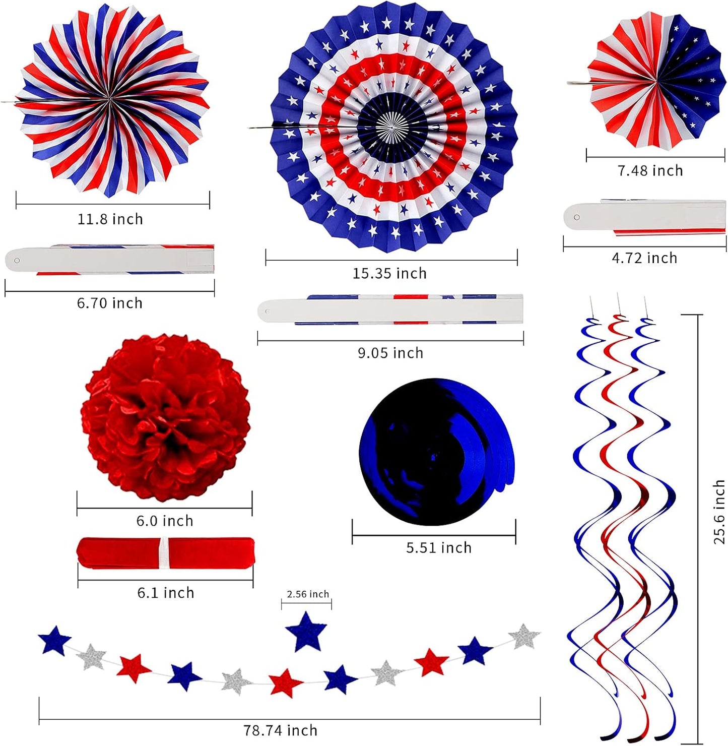 26Pcs 4th of July Decorations Patriotic Decor USA Flag String Red White Blue Paper Fans Star Streamer Pom Poms Hanging Swirls for Memorial Day,Fourth of July,Armed Forces Day,Flag Day
