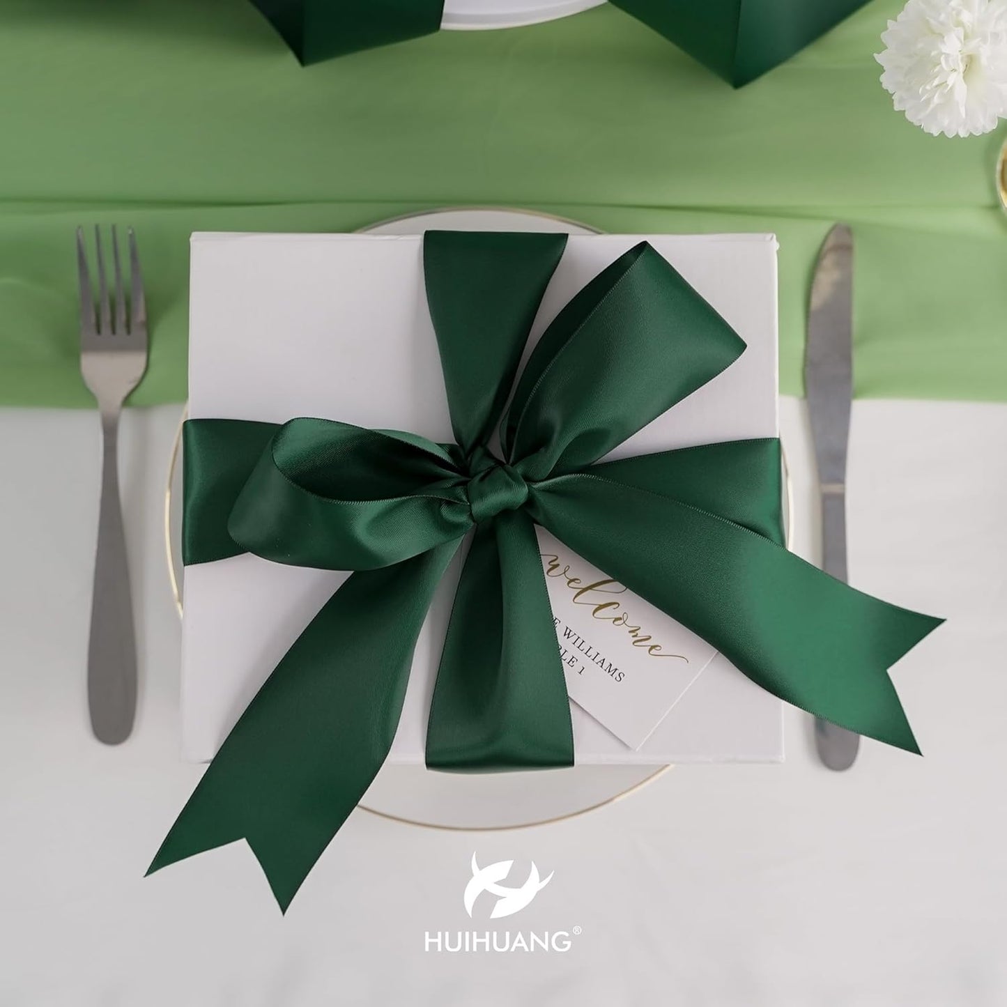 HUIHUANG 1-1/2 inch Hunter Green Ribbon Double-Faced Satin Ribbon 50 Yards Dark Green Ribbon for Crafts, Gift Wrapping, Flower Bouquet Wrap, Invitations, Holiday Decor, Bows Making