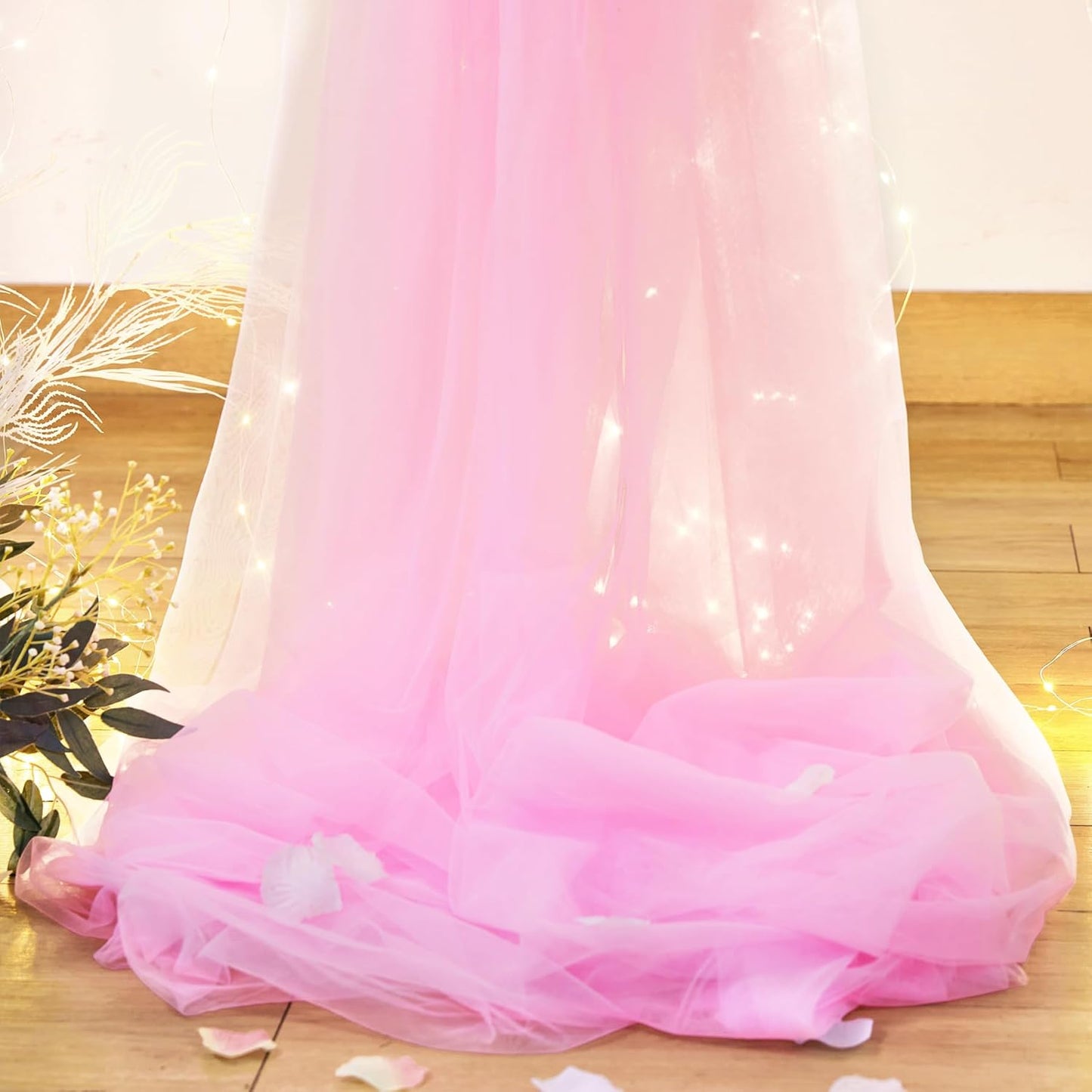 Pink Backdrop Curtains with Lights String for Baby Shower Girl Parties Sheer Tulle Backdrop Curtain Panels for Birthday Party Bridal Shower Photo Shoot Background Decorations 10×10ft (2 Panels 5×10ft)