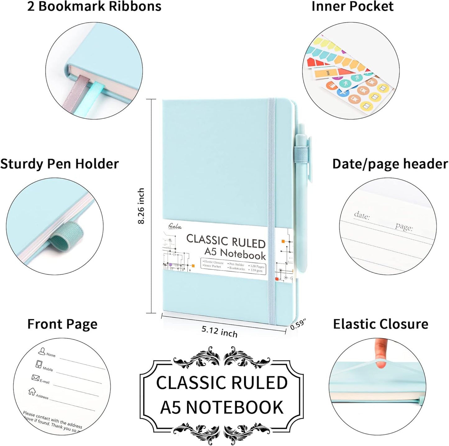 feela 5 Pack Notebooks Journals Bulk, Hardcover Notebook Classic Ruled Lined Journals with Pen Holder for Women Girls School Business Supplies, with 5 Black Pens, 120 GSM, 5.1”x8.3”, A5,Sky Blue