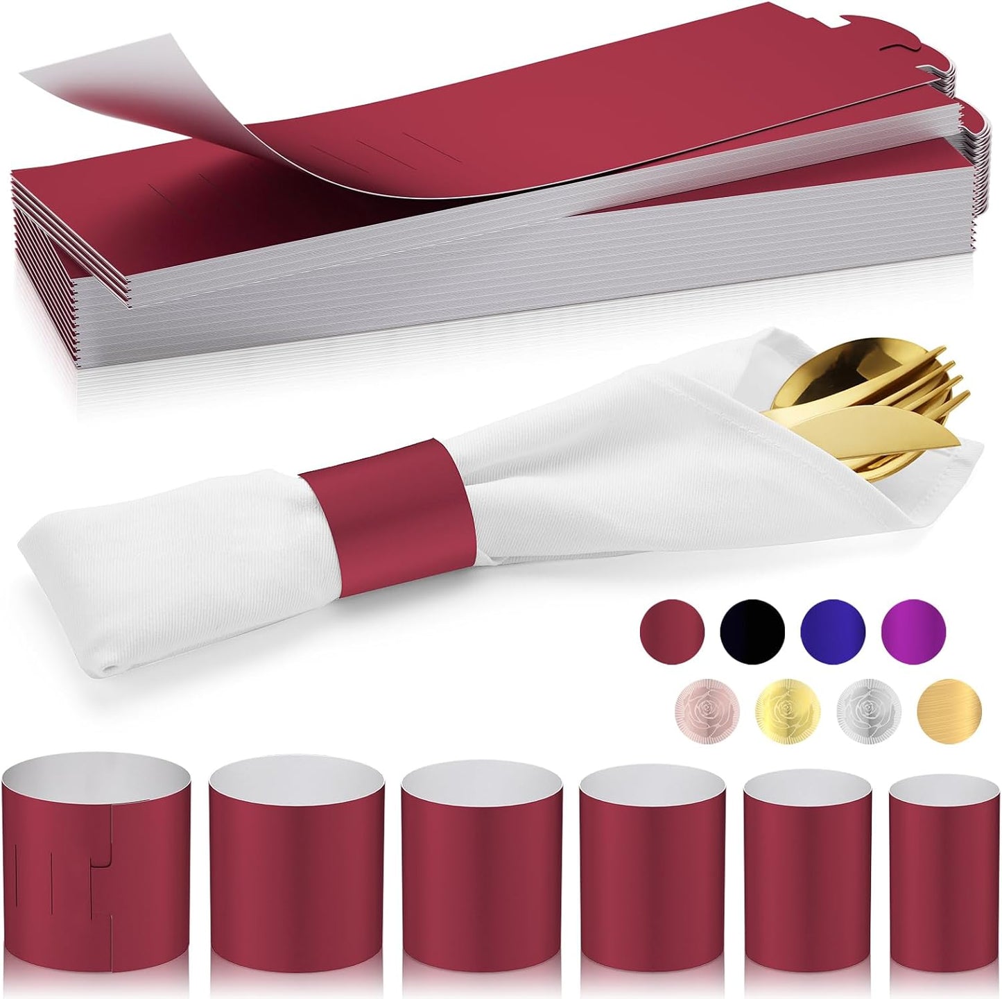 Polymer Material Reusable Napkin Band, Glue-Free Tear-Proof Water Resistant Oil-Proof Napkin Bands Set of 100(Front Burgundy Color and Back White), 6 Adjustable Sizes Napkin Rings