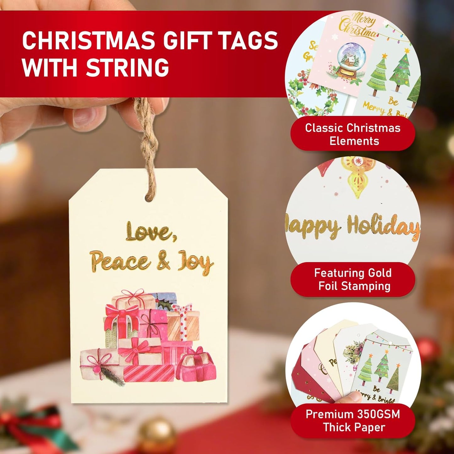 96 Pcs Christmas Gift Tags, Watercolor Christmas Hanging Tags Label Gold Foil with Hemp Rope Xmas Present Tag for DIY Xmas Holiday Present Wrapping Decorations, 6 Styles