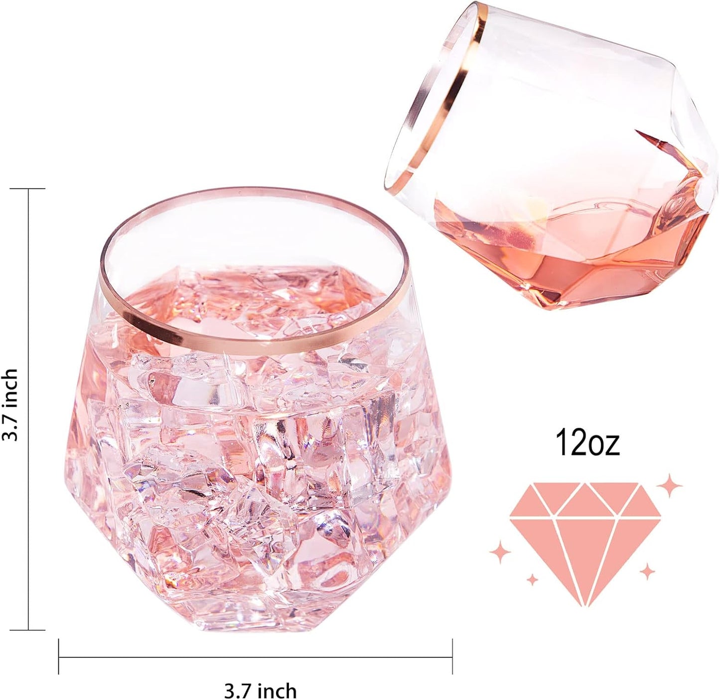 LUODA Rose Gold Diamond Shaped Plastic Stemless Wine Glasses Set of 24, Disposable 12 Oz Rose Gold Plastic Whiskey Glasses for Birthday, Housewarming and Weddings