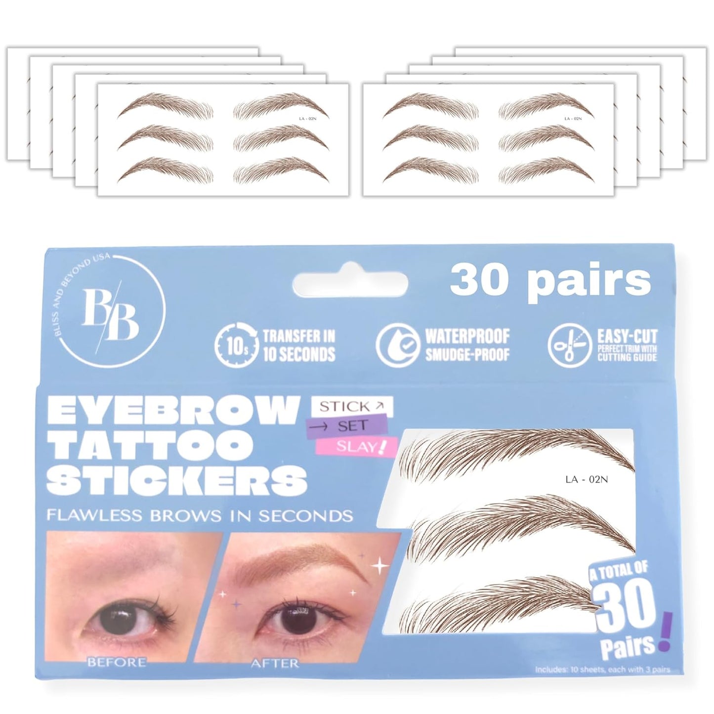 Bliss and Beyond USA Eyebrow Tattoo Stickers Waterproof – 30-Pair Deluxe Box | Realistic Hair-Like Temporary Brows for Alopecia, Cancer, and Hair Loss (Brown, Natural Los Angeles)