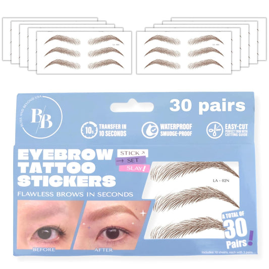 Bliss and Beyond USA Eyebrow Tattoo Stickers Waterproof – 30-Pair Deluxe Box | Realistic Hair-Like Temporary Brows for Alopecia, Cancer, and Hair Loss (Brown, Natural Los Angeles)