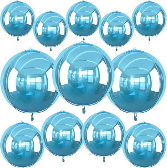 12Pcs Light Blue Round Foil Balloons, 22" 15" 10" 4D Helium Ball Balloon, Metallic Pearl Blue Foil Balloon for Birthday Graduation Wedding Anniversary New Year Eve Disco Prom Party Decorations