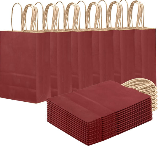 qiqee Brown Red Gift Bag with Handles Bulk 24Pcs Paper Bags -8.3"x6"x3. 15" Party Favor Bags - Solid Color