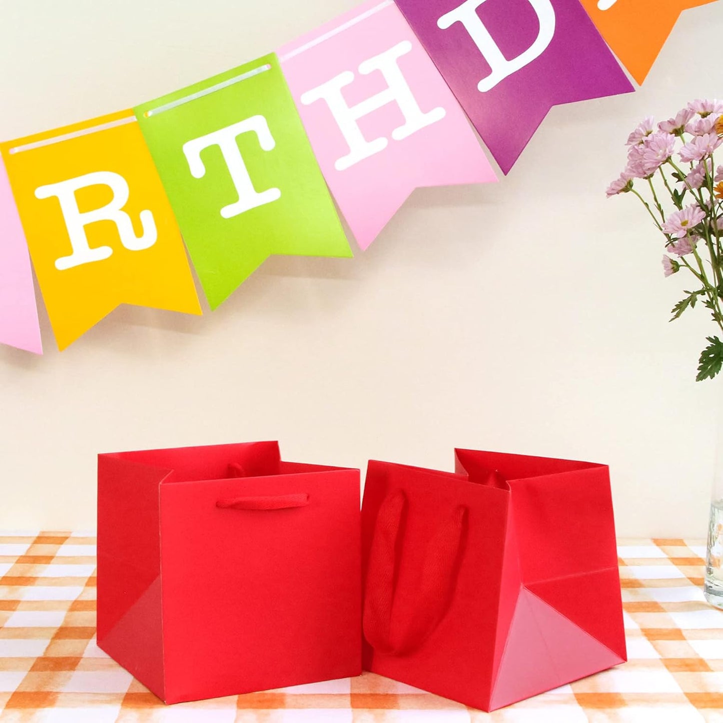 Red Paper Gift Bag 4 in Paper Box Small Square Bottom Kraft Paper Bags with Handles for Wedding Baby Shower Birthday Party (Red, 4 x 4 x 4 in, 10 CT)