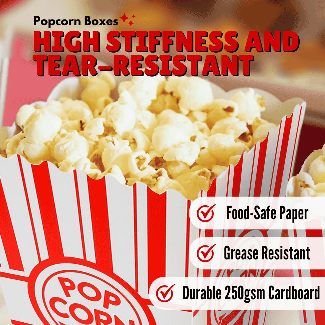 ZEEGO0 50-Pack Popcorn Boxes Bulk, Sturdy and Durable Popcorn Bucket, Large Capacity Containers, Bowl & Cups, Convenient Movie Night Supplies, Perfect for Families, Parties, Carnivals