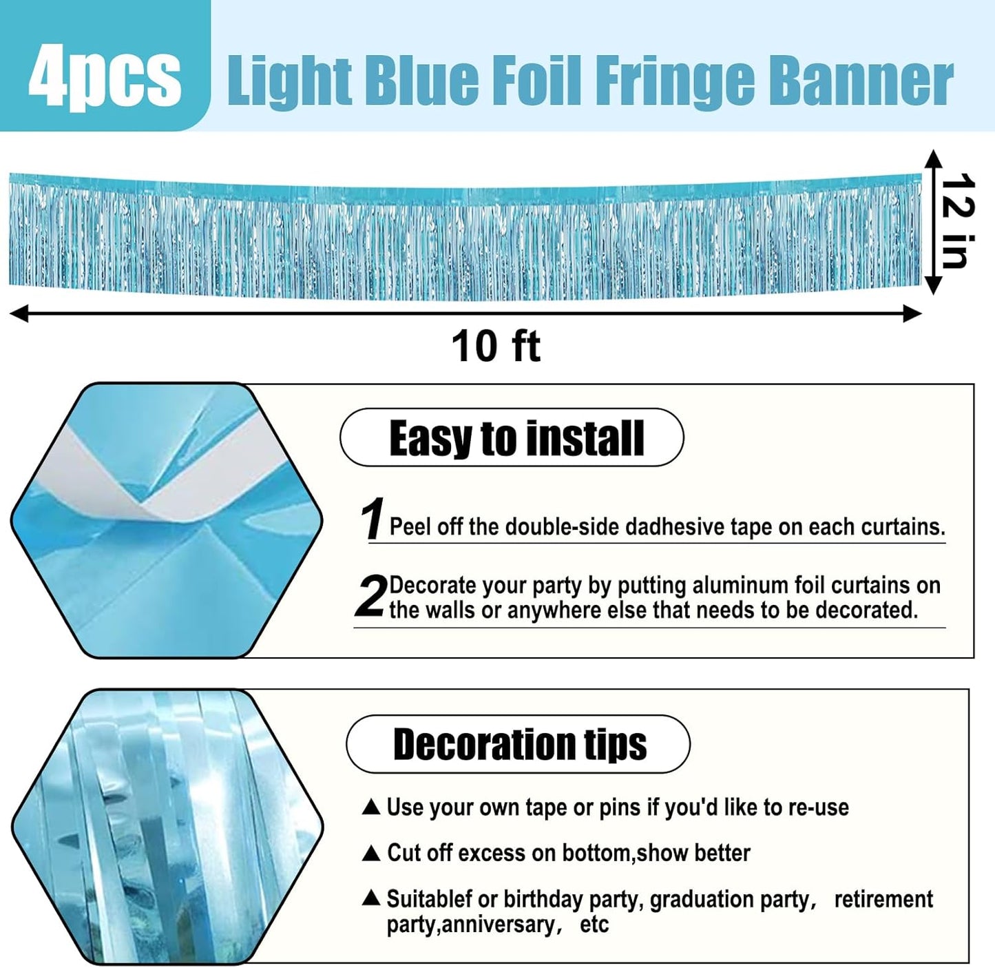 4 Pack 10 Feet Light Blue Foil Fringe Garland Metallic Tinsel Streamers Banner Wall Hanging Curtain Backdrop for Parade Floats, Wedding, Graduate, Mother's Day, Birthday Party Decoration