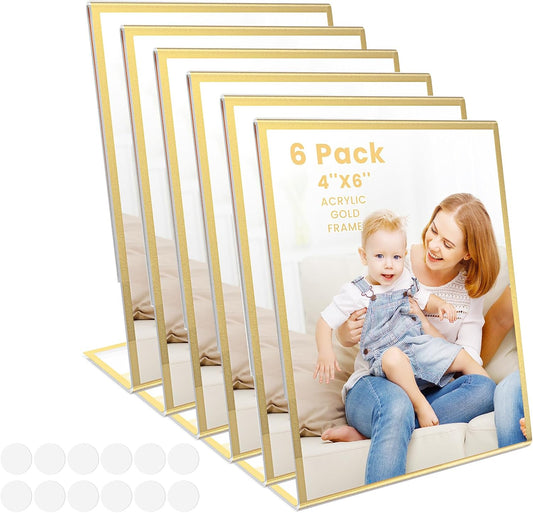 Acrylic Gold Frames 4 x 6, Slanted Back Gold Picture Frames Table Acrylic Sign Holder for Photos Wedding Table Numbers and Art Display with Removable Clear Sticky Dots,6 Pack