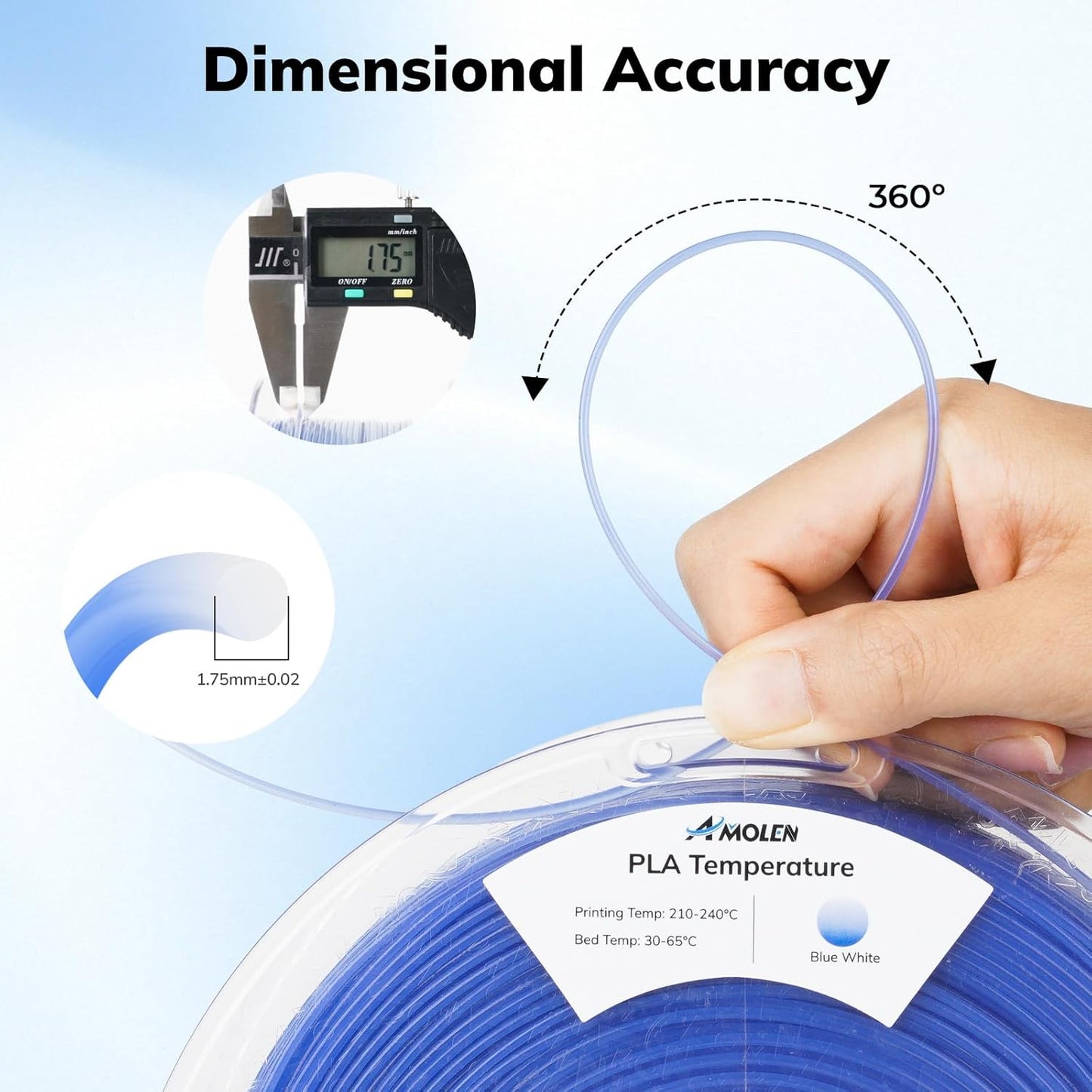 AMOLEN 3D Printer Filament, Temp Change Blue to White PLA Filament 1.75mm, Cold & Heat Temp Color Change with Temperature Filament, Dimensional Accuracy +/- 0.02 mm, 1KG/2.2lb, Fits Most FDM Printers