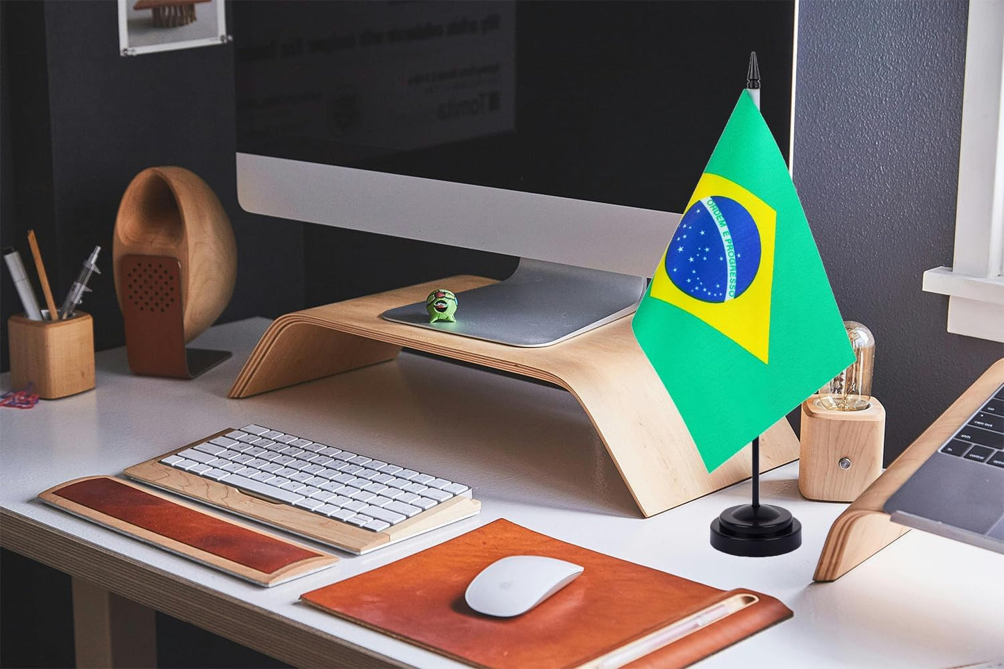 WXTWK 2 Pack Brazil Flag Brazil Deluxe Desk Flag Set - Mini Small Brazilian Table Office Flags with Black 12" Solid Pole Stand Base Classroom Meeting Desktop Decorations