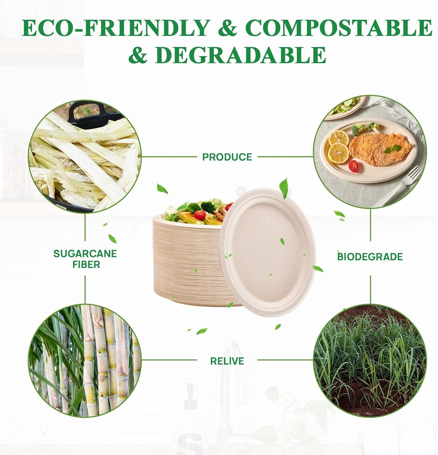 Vplus 100% Compostable Oval Paper Plates 10 inch 125 Pack Super Strong Disposable Paper Plates Bagasse Natural Biodegradable Eco-Friendly Sugarcane for BBQ, Party, Gathering, and Picnic