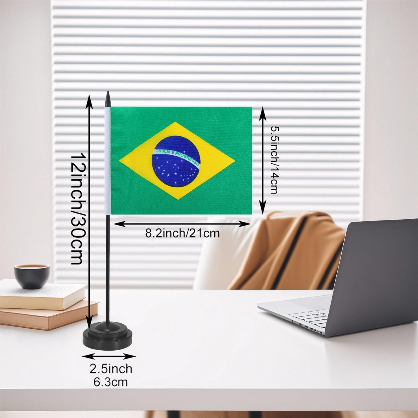Brazil Desk Flag 12" Solid Pole Deluxe Set Brazilian Flags Banner Mini Small Brazil Office Table Flags with Black Stand Base Desktop Decorations(2Pack)