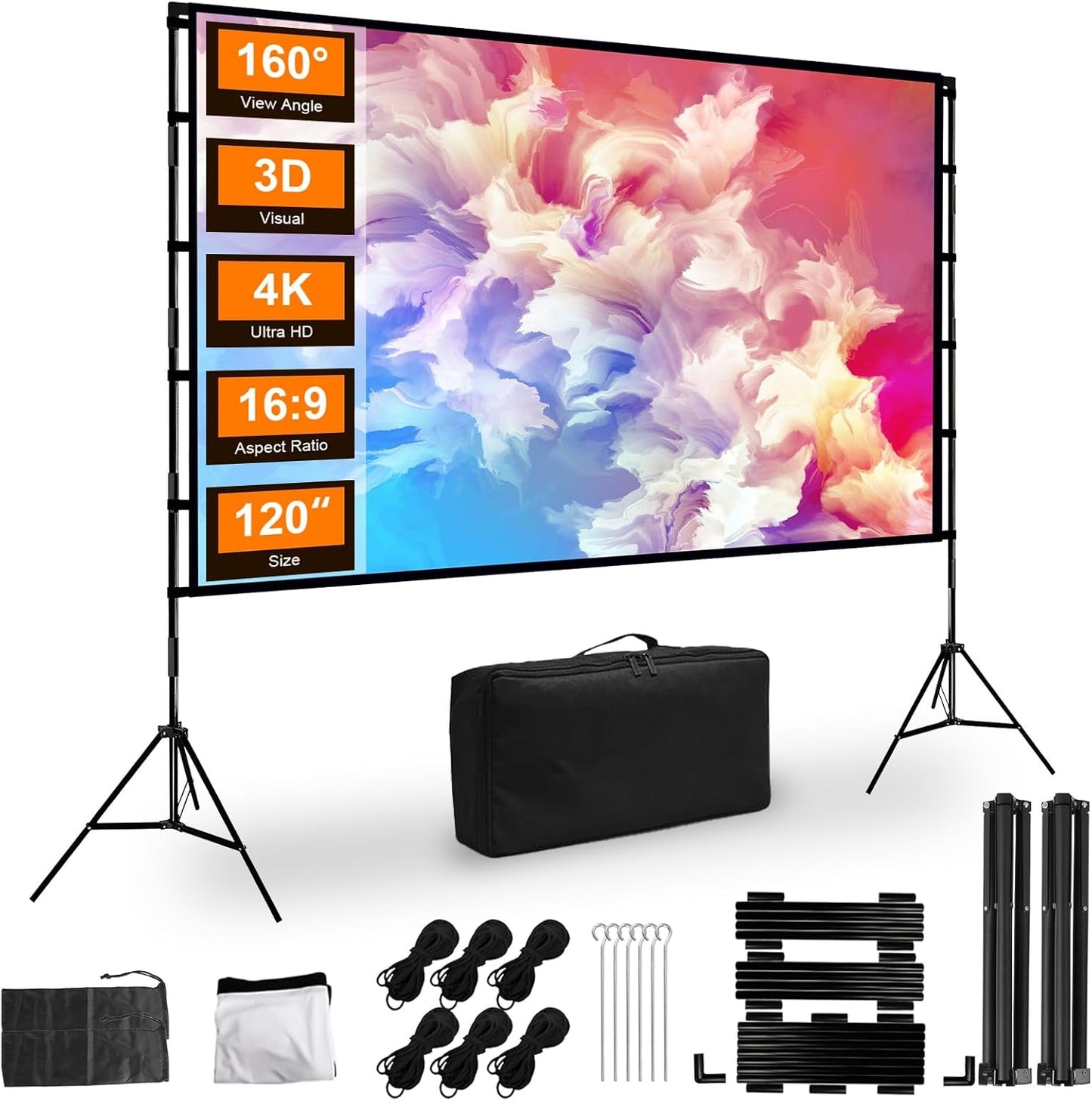 iMounTEK Backdrop Stand with Projector Screen - 16:9 4K HD 120 inch Portable Projector Screen Outdoor Indoor Lightweight Movie Screen with Carry Bag for Wedding Home Backyard Movie Night