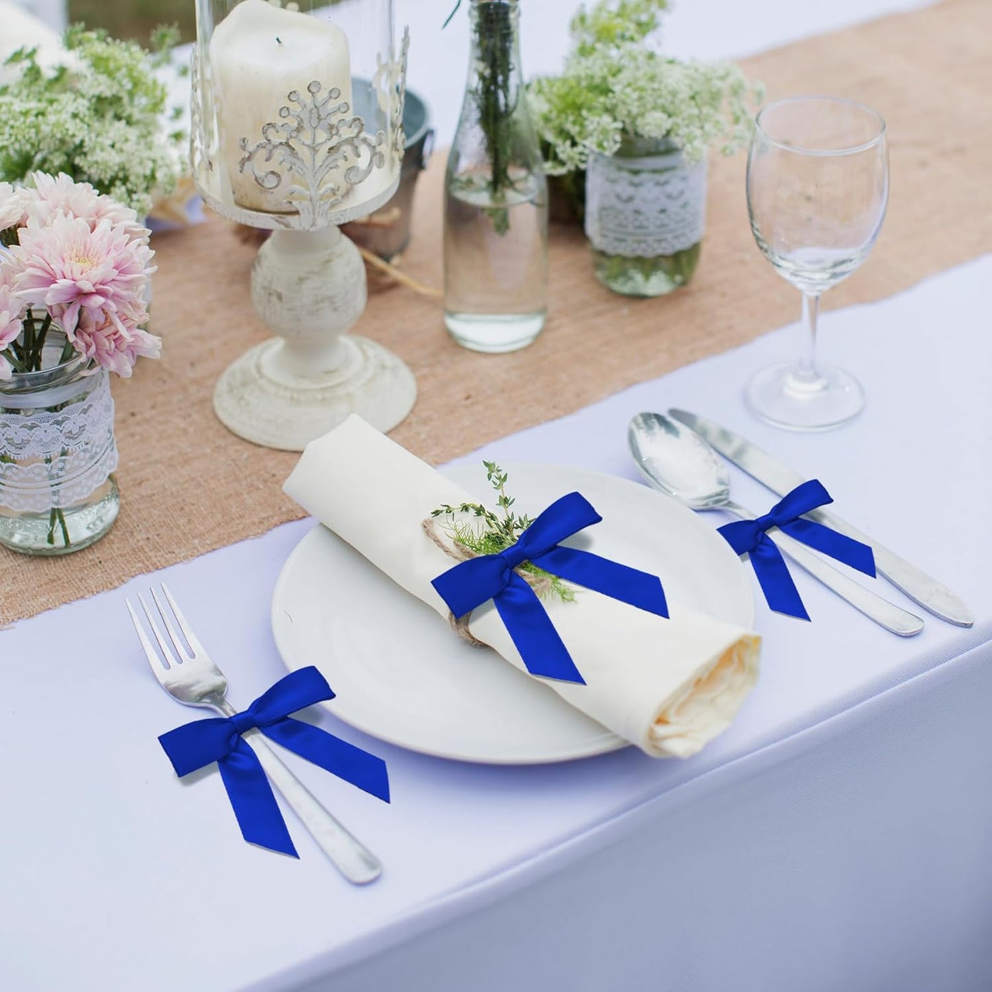 50Pcs Royal Blue Twist Tie Bows for Gift Wrapping 2.5" Satin Ribbon Bow for Treat Bags Balloons Birthday Party Favors Wedding Decorations