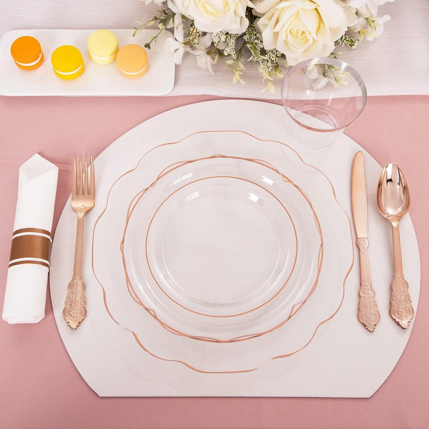 NOCCUR 350PCS Rose Gold Plastic Plates - Clear Rose Gold Disposable Dinnerware Set - Include 100 Dinner/Dessert Plates,50 Cups,50 Pre Rolled Napkins with Cutlery Set - Ideal for Party&Wedding