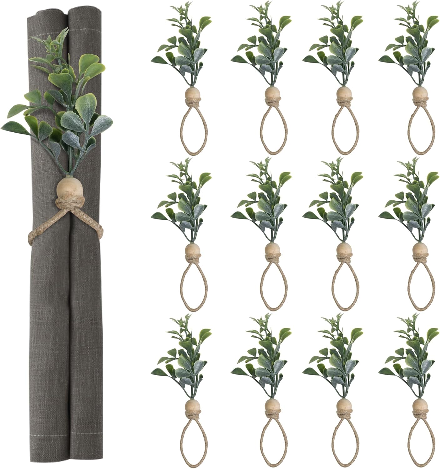 MAOANME Napkin Rings Set of 12, Rustic Eucalyptus Napkin Holder Rings with Wood Bead, Farmhouse Green Leaf Napkin Ring Bulk, Boho Napkin Ring for Wedding, Table Decor