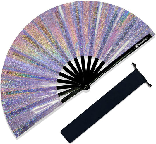 Large Rave Fan, Clack Folding Hand Fan with Premium Fabric, Thick Bamboo Frame for Men Women Gift for EDM, Festival, Club, Party, Dance, Decoration (Lridescent Purple, 11")