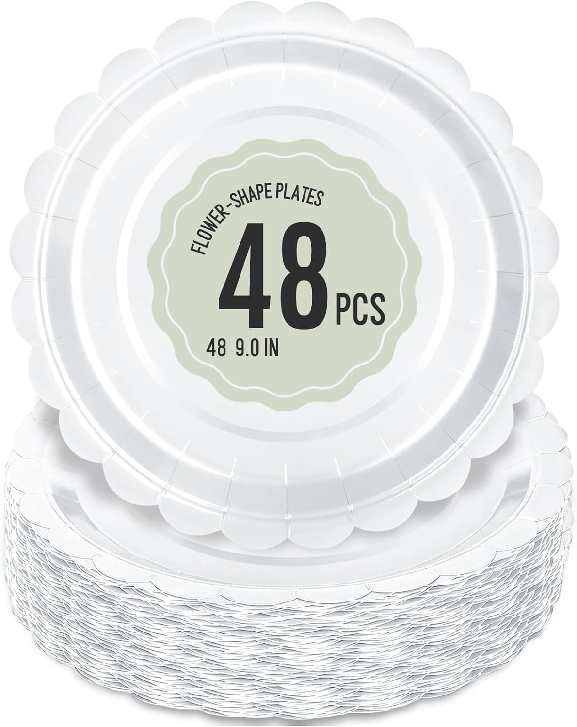 48 Pcs White Paper Plates 9 Inch Scalloped Dessert Plates - Disposable Sage Green Cake Plate - Baby Shower Birthday Party Wedding Bridal Party Supplies