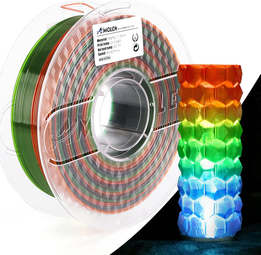AMOLEN PETG Filament 1.75mm 3D Printer Clear Filament Translucent Rainbow Color Change 3D Filament with Orange Green Blue 1KG/2.2lb